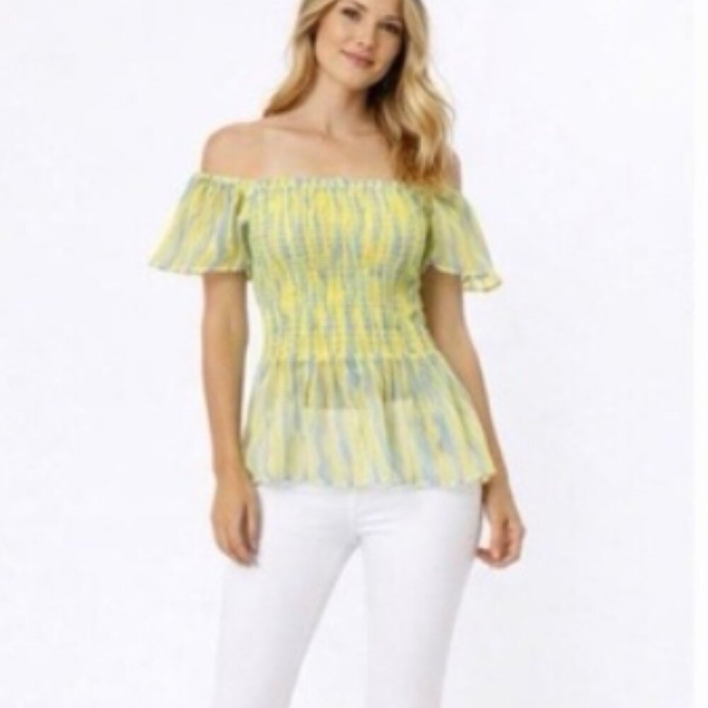 NWT Moon River Off Shoulder Smocked Top Yellow Blue S